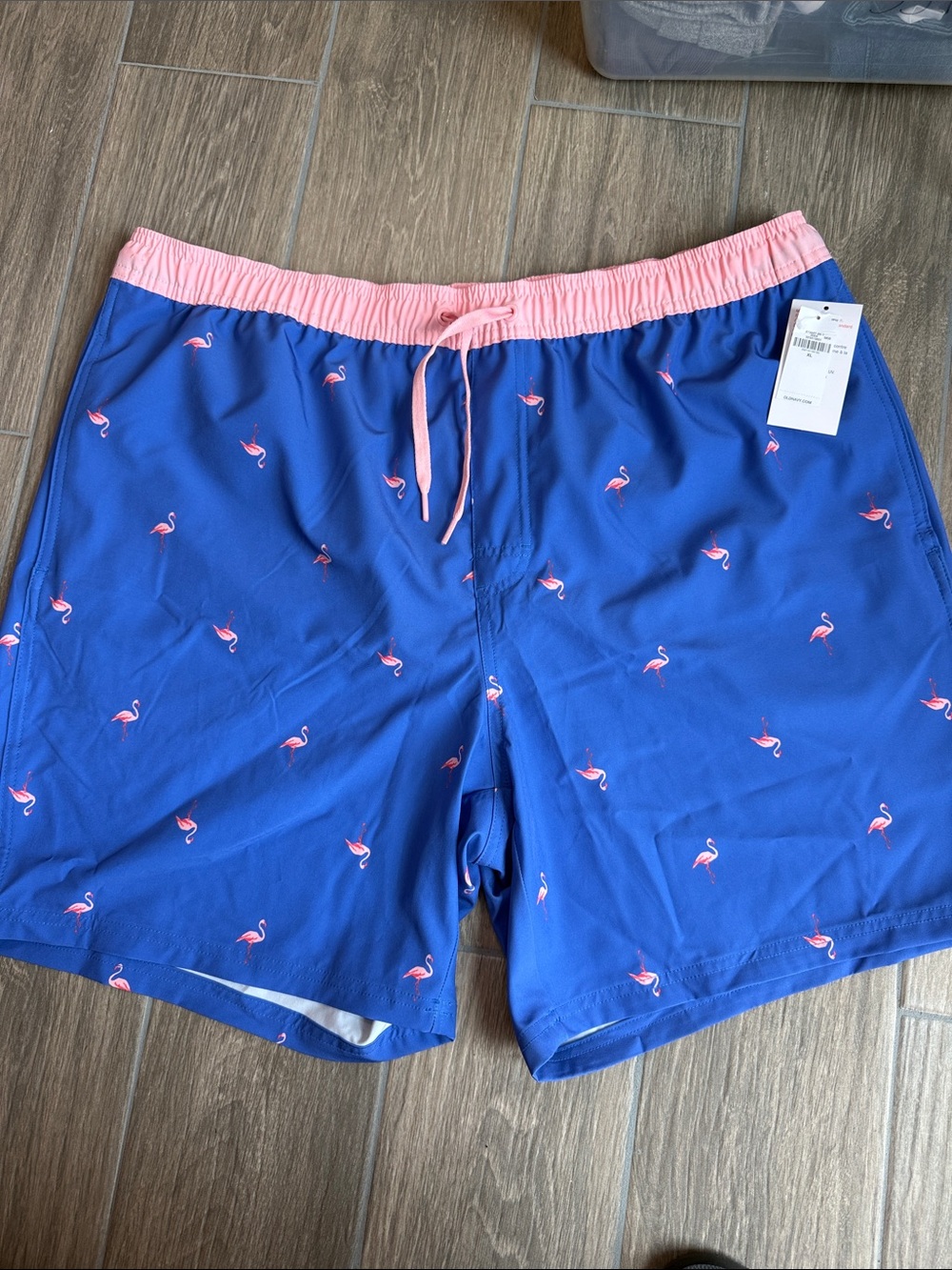 Old Navy Blue Swim Trunks with Pink Waistband and Flamingo Print